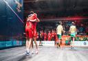 Adrian Waller and Alison Waters hug after winning the Birmingham 2022 squash mixed doubles semi-final match 2-0