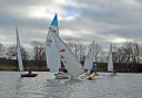 Angelo Hansen heads the fleet at the start of the first race. Picture: VAL NEWTON