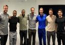 England men's manager Gareth Southgate (centre) with (from left) course participants Rickie Lambert, Jermain Defoe, Darius Vassell, Steve Guinan (who leads the course), Tom Cleverley and Leighton Baines
