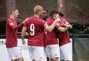 Potters Bar Town celebrate Steve Cawley's first-minute goal. Picture: MANDY DAVIES