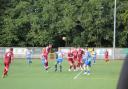 Alex Harris heads in the winner for Welwyn Garden City at Ware. Picture: HYWEL RHYS-WILLIAMS