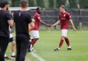 Striker Ben Ward-Cochrane (right) was needed at right-back for Potters Bar Town at Whitehawk. Picture: MANDY DAVIES