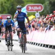 Yves Lampaert celebrates victory on stage seven of the 2021 Tour of Britain.