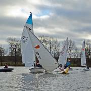 Angelo Hansen heads the fleet at the start of the first race. Picture: VAL NEWTON