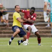 Ore Bello battles with Dan Bowry of St Albans City. Picture: MANDY DAVIES