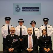 Hertfordshire Constabulary's new Specials, from back left, Jake (Stevenage), Natalia (Stevenage), Amanda (St Albans) and Vijay (Three Rivers) with Chief Constable Charlie Hall, Magistrate Rob Sassoon and Special Superintendent Jo Reay