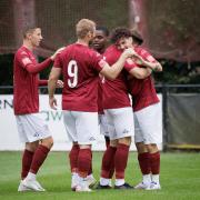 Potters Bar Town celebrate Steve Cawley's first-minute goal. Picture: MANDY DAVIES