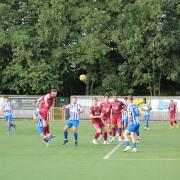 Alex Harris heads in the winner for Welwyn Garden City at Ware. Picture: HYWEL RHYS-WILLIAMS