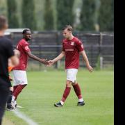 Striker Ben Ward-Cochrane (right) was needed at right-back for Potters Bar Town at Whitehawk. Picture: MANDY DAVIES