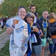 Samantha Hastie and Thippawan Rashleigh of Garden City Runners at the finish of the Berlin Marathon. Picture: GCR