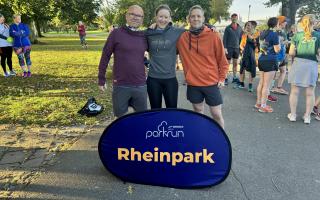 Garden City Runners trio of Michael Scutt, Lucy Iles and Stuart Wonfor were in Germany for a special Unity Day parkrun. Picture: GCR