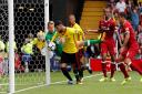 Miguel Britos bundles home the late equaliser in the 3-3 draw with Liverpool at Vicarage Road ion the opening day of the 2017/18 season.
