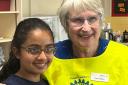 Winner Aditi from St Michael's Woolmer Green VA C of E School with Coral Walton from Rotary Club of Welwyn Garden City