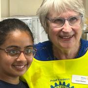 Winner Aditi from St Michael's Woolmer Green VA C of E School with Coral Walton from Rotary Club of Welwyn Garden City